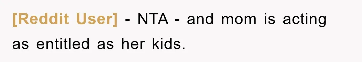 [Reddit User] − NTA - and mom is acting as entitled as her kids.