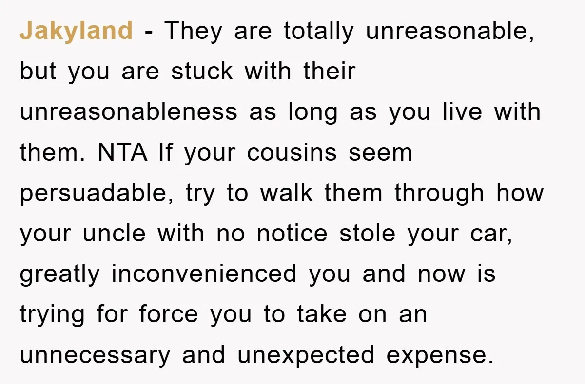 Jakyland - They are totally unreasonable, but you are stuck with their unreasonableness as long as you live with them. NTA If your cousins seem persuadable, try to walk them...