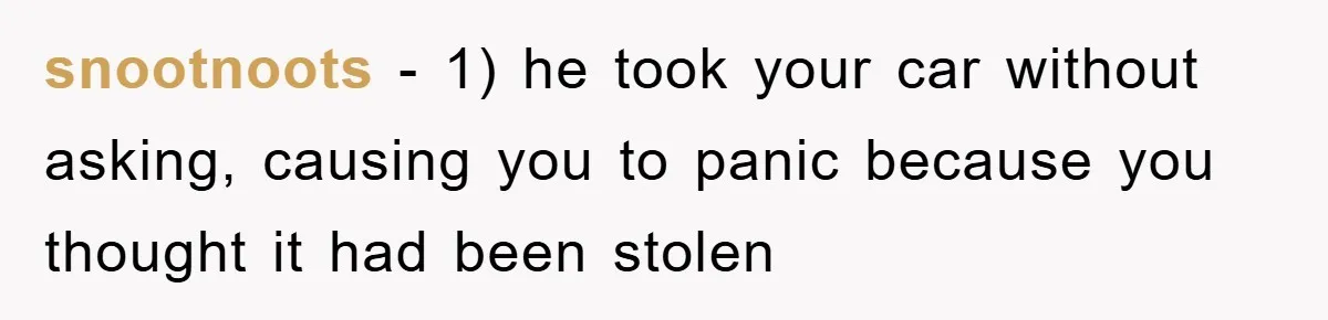 snootnoots - 1) he took your car without asking, causing you to panic because you thought it had been stolen