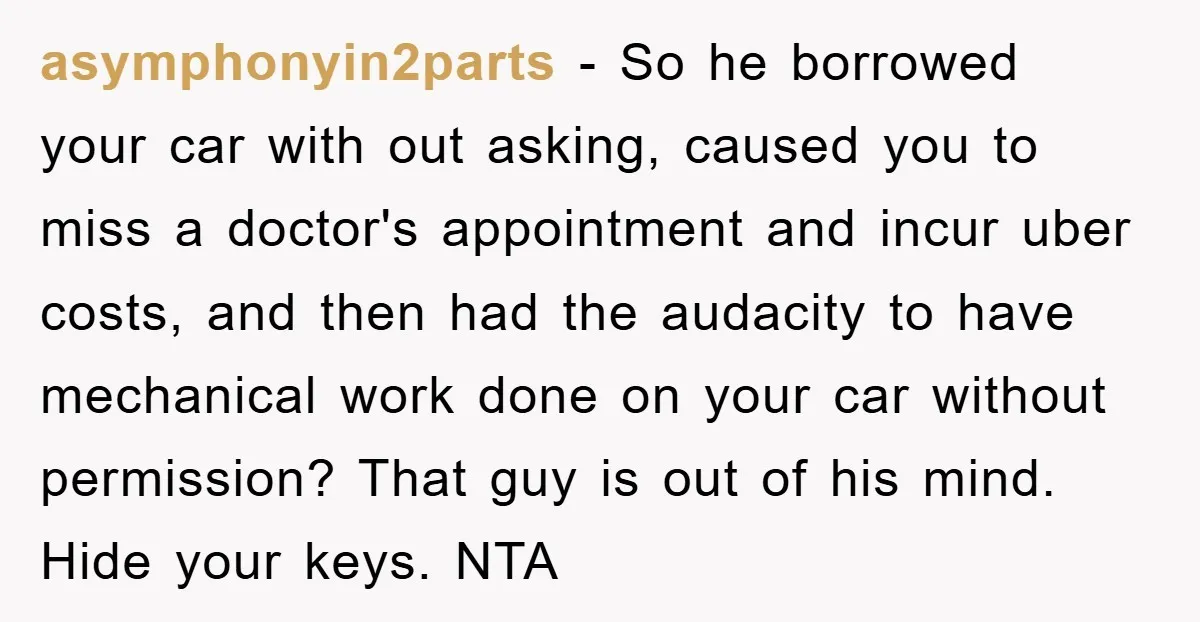 asymphonyin2parts - So he borrowed your car with out asking, caused you to miss a doctor's appointment and incur uber costs, and then had the audacity to have mechanical work...