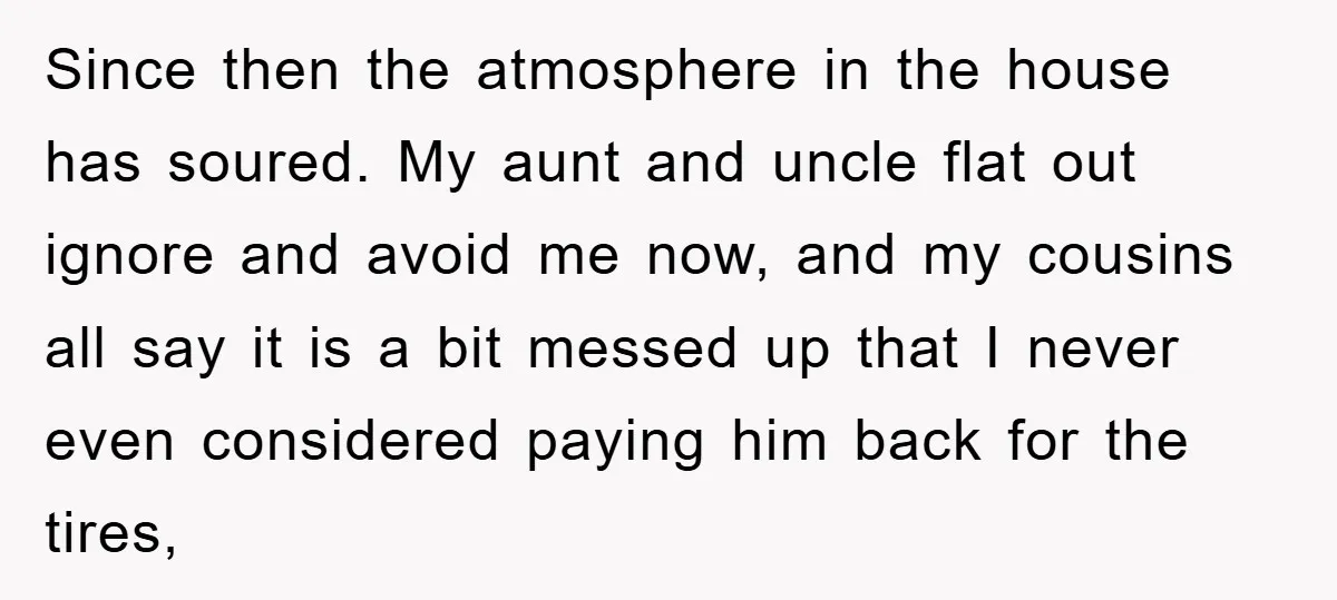 Since then the atmosphere in the house has soured. My aunt and uncle flat out ignore and avoid me now, and my cousins all say it is a bit messed...