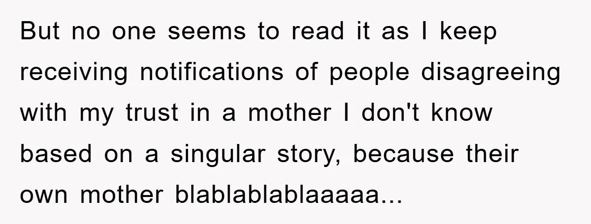 But no one seems to read it as I keep receiving notifications of people disagreeing with my trust in a mother I don't know based on a singular story, because...
