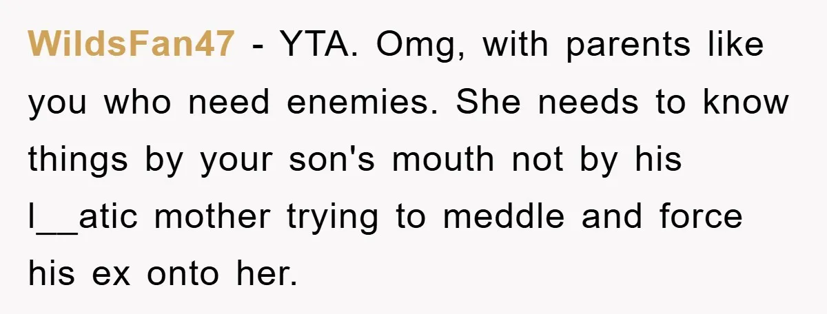 WildsFan47 − YTA. Omg, with parents like you who need enemies. She needs to know things by your son's mouth not by his l__atic mother trying to meddle and force...