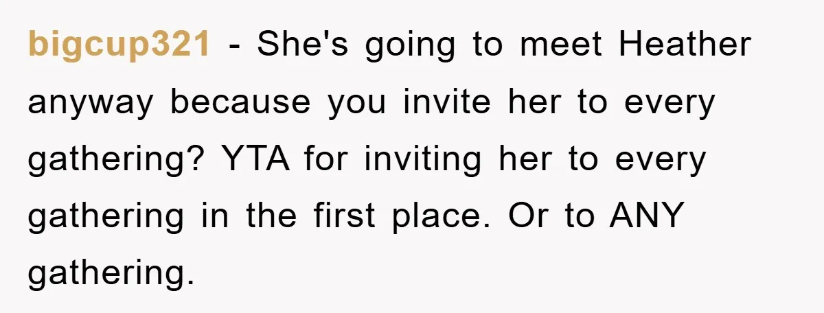 bigcup321 − She's going to meet Heather anyway because you invite her to every gathering? YTA for inviting her to every gathering in the first place. Or to ANY gathering.