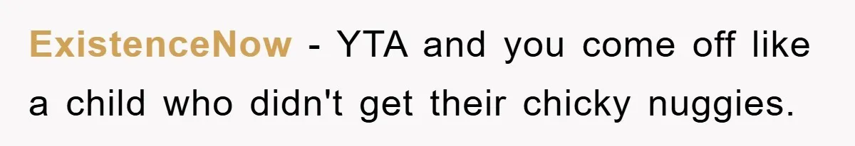 ExistenceNow − YTA and you come off like a child who didn't get their chicky nuggies.