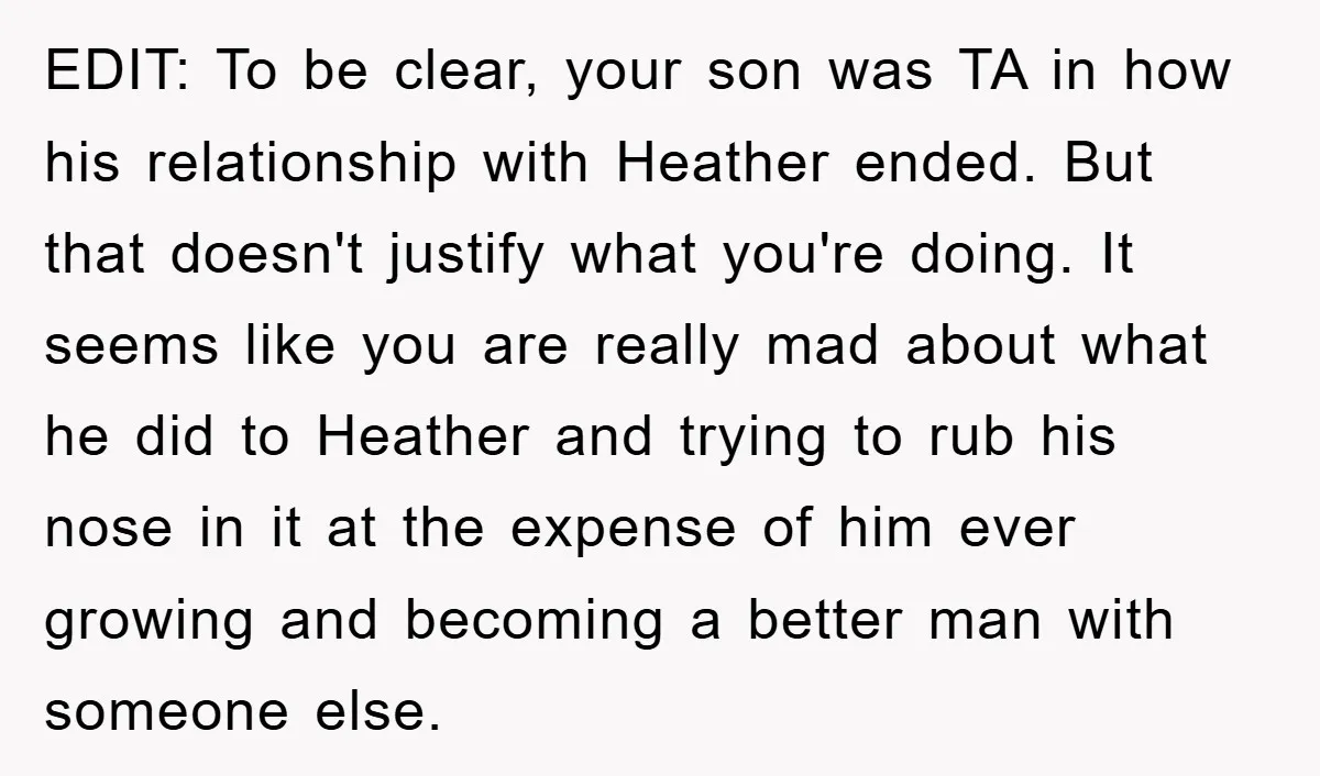 EDIT: To be clear, your son was TA in how his relationship with Heather ended. But that doesn't justify what you're doing. It seems like you are really mad about...