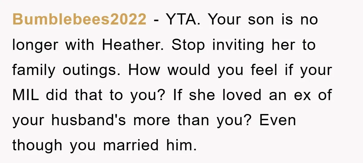 Bumblebees2022 − YTA. Your son is no longer with Heather. Stop inviting her to family outings. How would you feel if your MIL did that to you? If she loved...