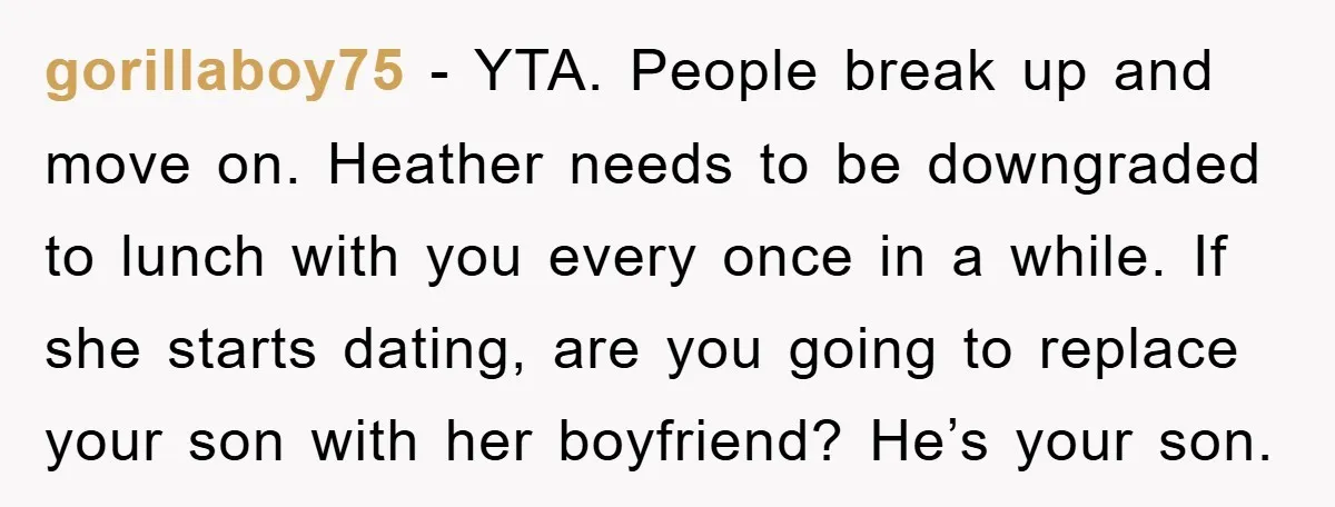 gorillaboy75 − YTA. People break up and move on. Heather needs to be downgraded to lunch with you every once in a while. If she starts dating, are you going...