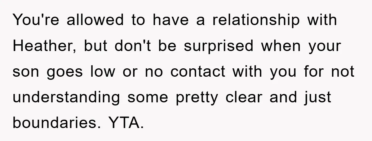 You're allowed to have a relationship with Heather, but don't be surprised when your son goes low or no contact with you for not understanding some pretty clear and just...