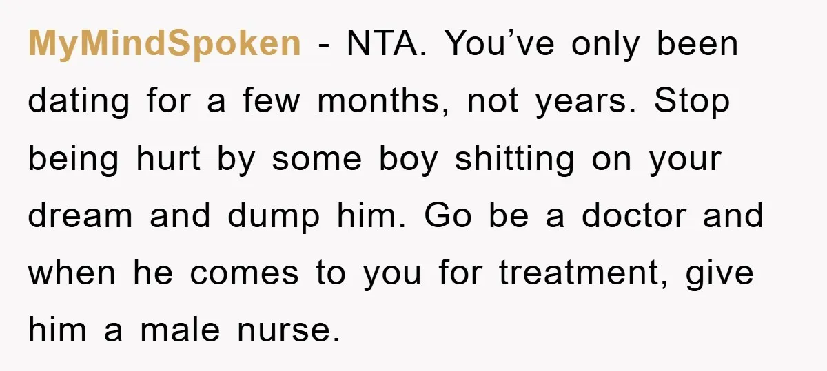 MyMindSpoken − NTA. You’ve only been dating for a few months, not years. Stop being hurt by some boy shitting on your dream and dump him. Go be a doctor...
