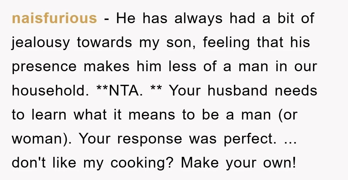 naisfurious − He has always had a bit of jealousy towards my son, feeling that his presence makes him less of a man in our household. **NTA. ** Your husband...