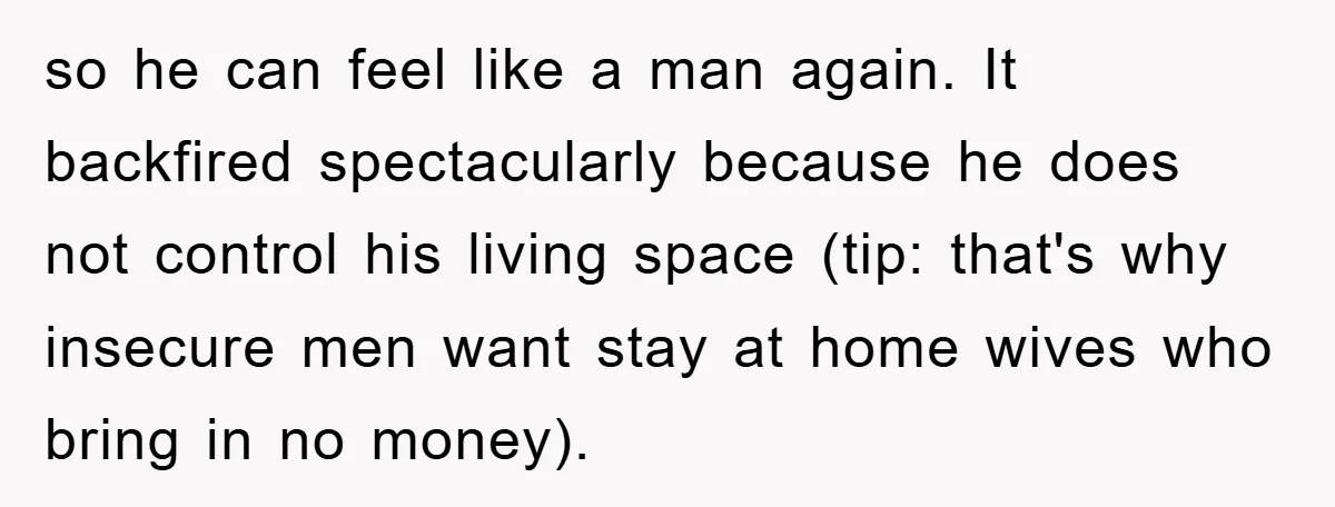 so he can feel like a man again. It backfired spectacularly because he does not control his living space (tip: that's why insecure men want stay at home wives who...