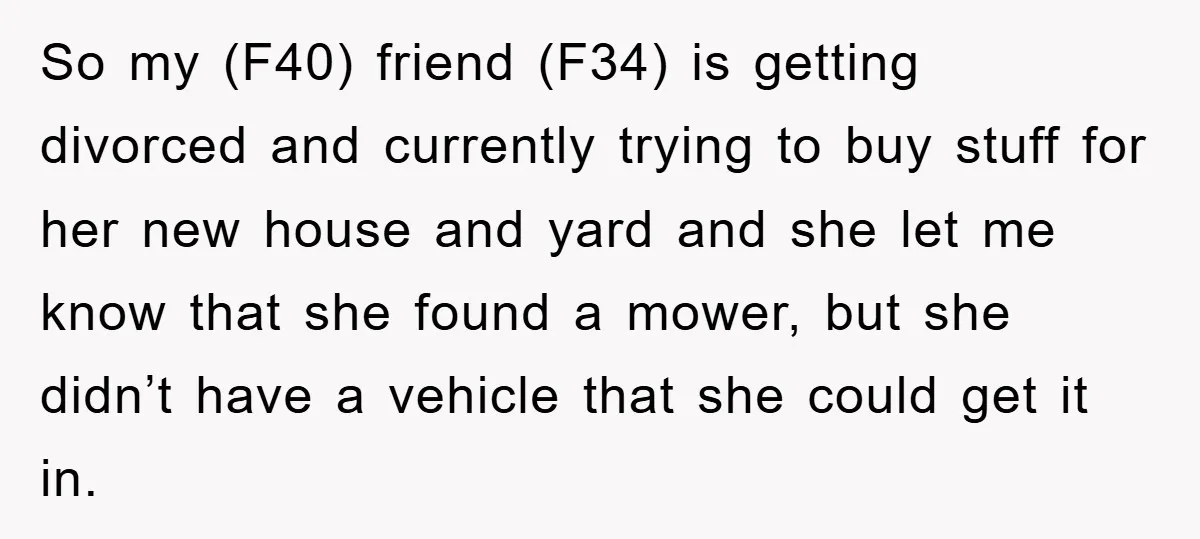 So my (F40) friend (F34) is getting divorced and currently trying to buy stuff for her new house and yard and she let me know that she found a mower,...