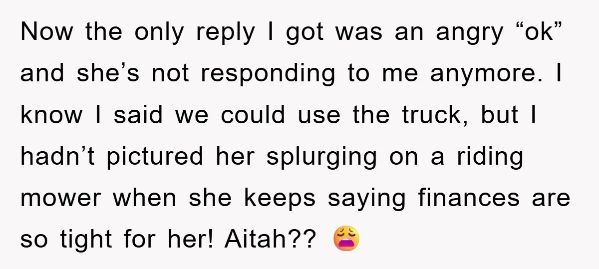 Now the only reply I got was an angry “ok” and she’s not responding to me anymore. I know I said we could use the truck, but I hadn’t pictured...