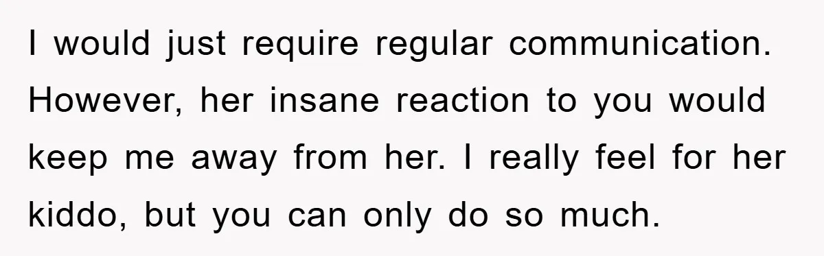 I would just require regular communication. However, her insane reaction to you would keep me away from her. I really feel for her kiddo, but you can only do so...