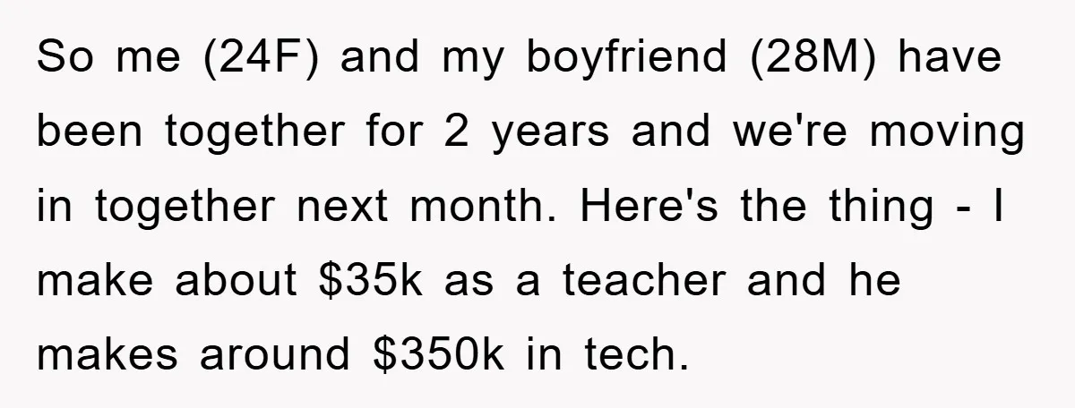 So me (24F) and my boyfriend (28M) have been together for 2 years and we're moving in together next month. Here's the thing - I make about $35k as a...