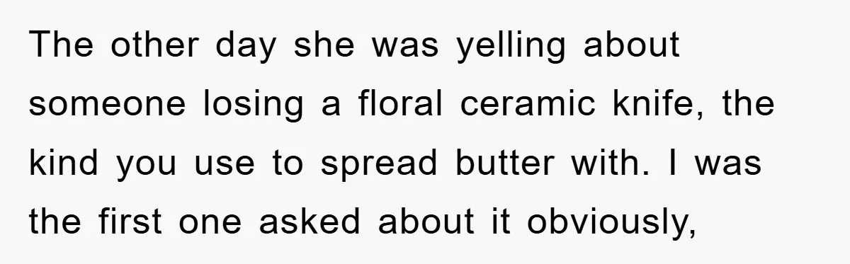The other day she was yelling about someone losing a floral ceramic knife, the kind you use to spread butter with. I was the first one asked about it obviously,