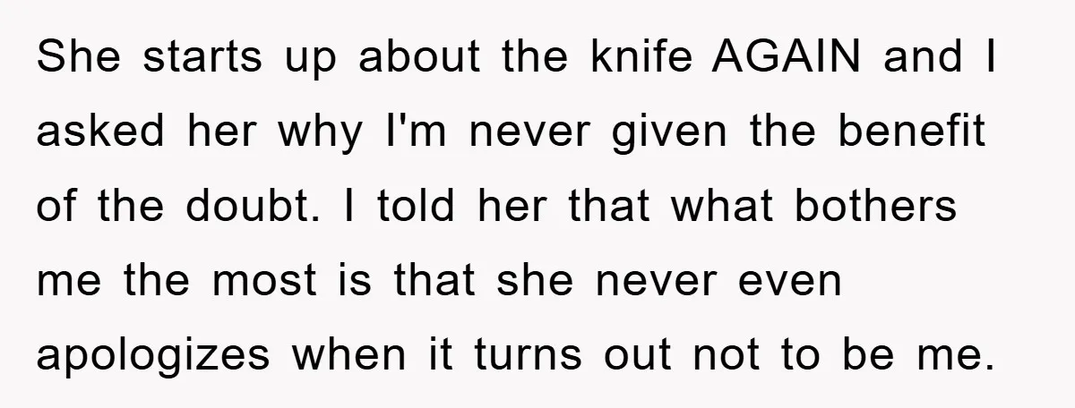 She starts up about the knife AGAIN and I asked her why I'm never given the benefit of the doubt. I told her that what bothers me the most is...