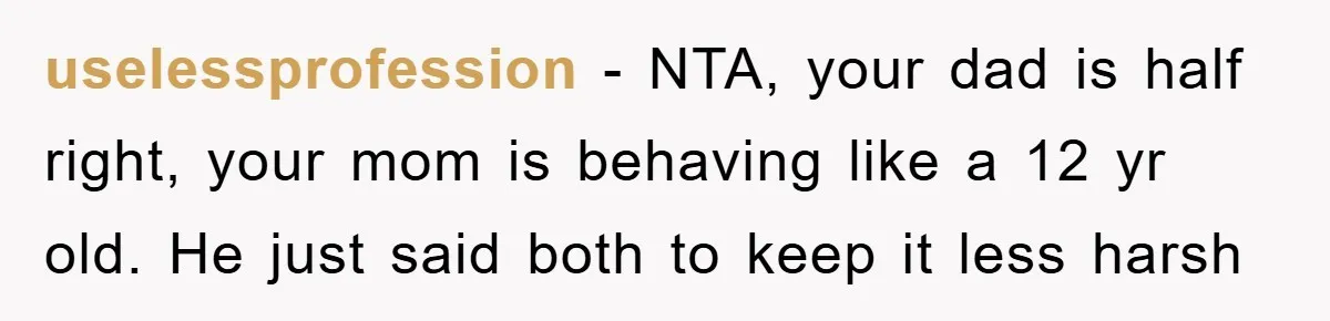uselessprofession − NTA, your dad is half right, your mom is behaving like a 12 yr old. He just said both to keep it less harsh