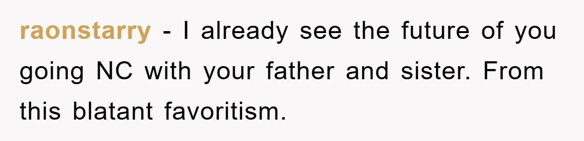 raonstarry - I already see the future of you going NC with your father and sister. From this blatant favoritism.