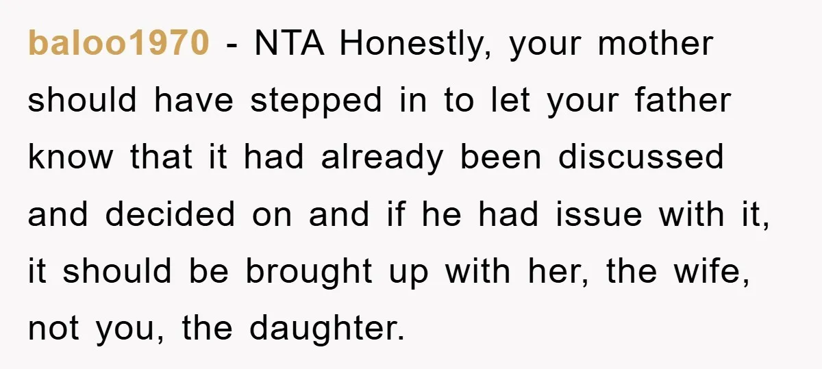 baloo1970 - NTA Honestly, your mother should have stepped in to let your father know that it had already been discussed and decided on and if he had issue with...