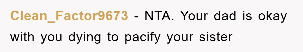 Clean_Factor9673 - NTA. Your dad is okay with you dying to pacify your sister