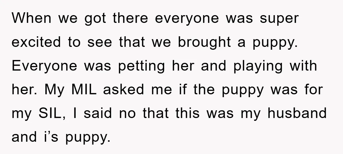 When we got there everyone was super excited to see that we brought a puppy. Everyone was petting her and playing with her. My MIL asked me if the puppy...