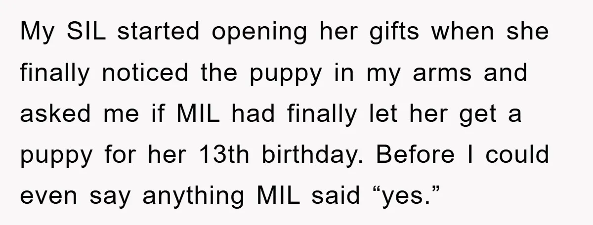 My SIL started opening her gifts when she finally noticed the puppy in my arms and asked me if MIL had finally let her get a puppy for her 13th...