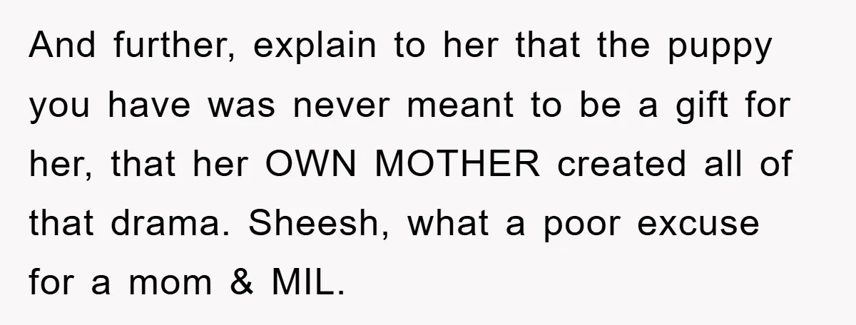 And further, explain to her that the puppy you have was never meant to be a gift for her, that her OWN MOTHER created all of that drama. Sheesh, what...