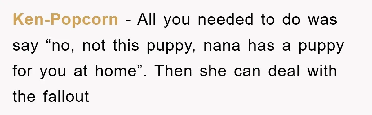 Ken-Popcorn − All you needed to do was say “no, not this puppy, nana has a puppy for you at home”. Then she can deal with the fallout