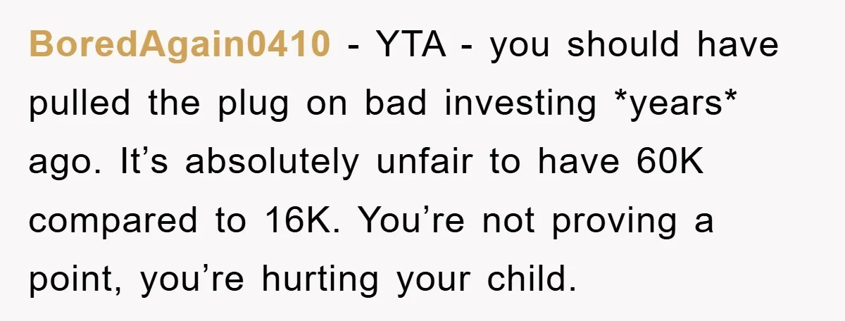 BoredAgain0410 − YTA - you should have pulled the plug on bad investing *years* ago. It’s absolutely unfair to have 60K compared to 16K. You’re not proving a point, you’re...