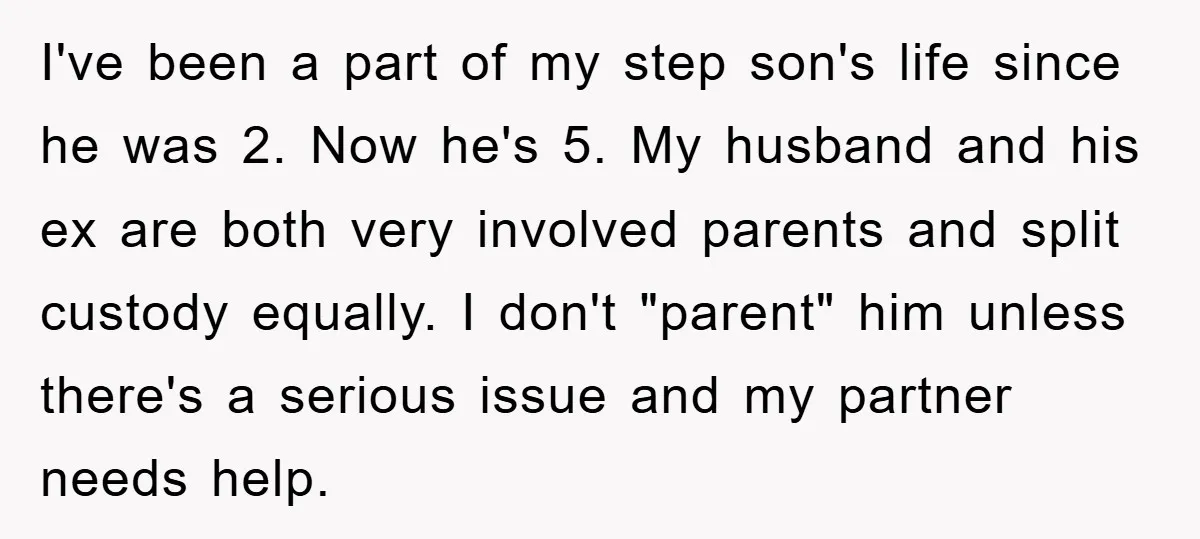 I've been a part of my step son's life since he was 2. Now he's 5. My husband and his ex are both very involved parents and split custody equally....