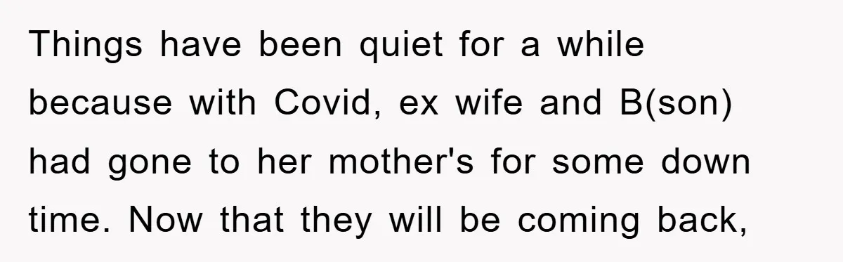 Things have been quiet for a while because with Covid, ex wife and B(son) had gone to her mother's for some down time. Now that they will be coming back,