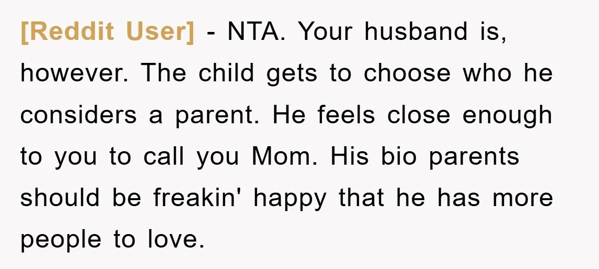[Reddit User] − NTA. Your husband is, however. The child gets to choose who he considers a parent. He feels close enough to you to call you Mom. His bio...