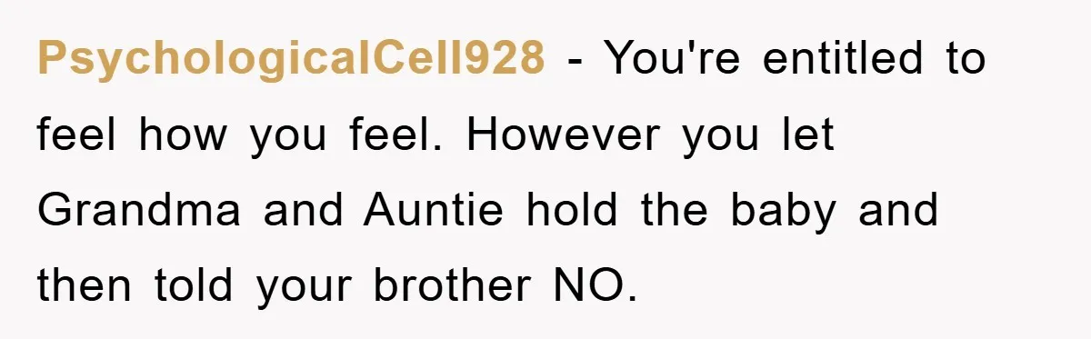 PsychologicalCell928 − You're entitled to feel how you feel. However you let Grandma and Auntie hold the baby and then told your brother NO.