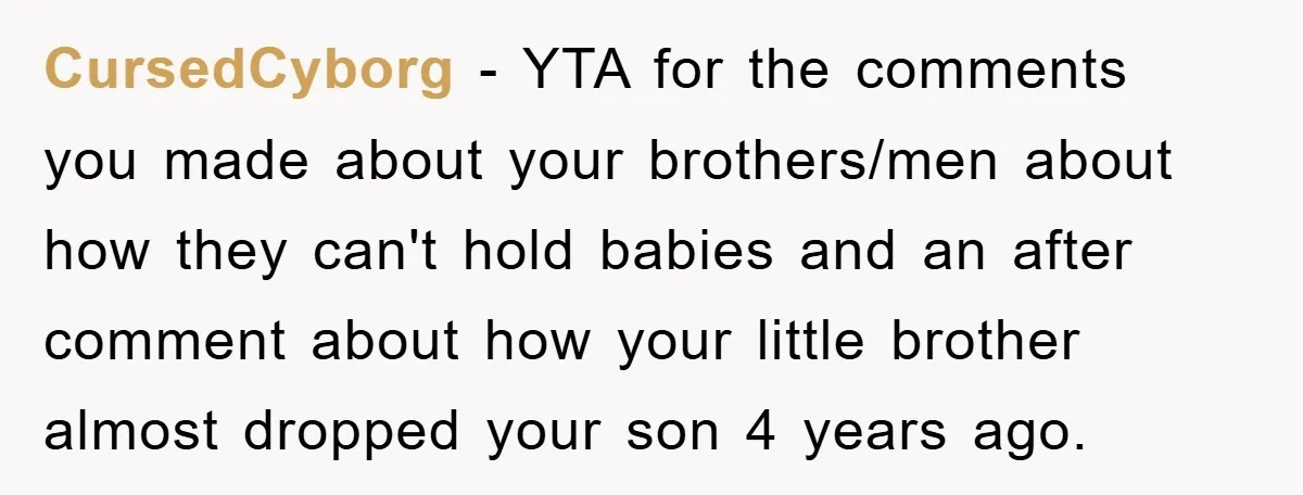 CursedCyborg − YTA for the comments you made about your brothers/men about how they can't hold babies and an after comment about how your little brother almost dropped your son...