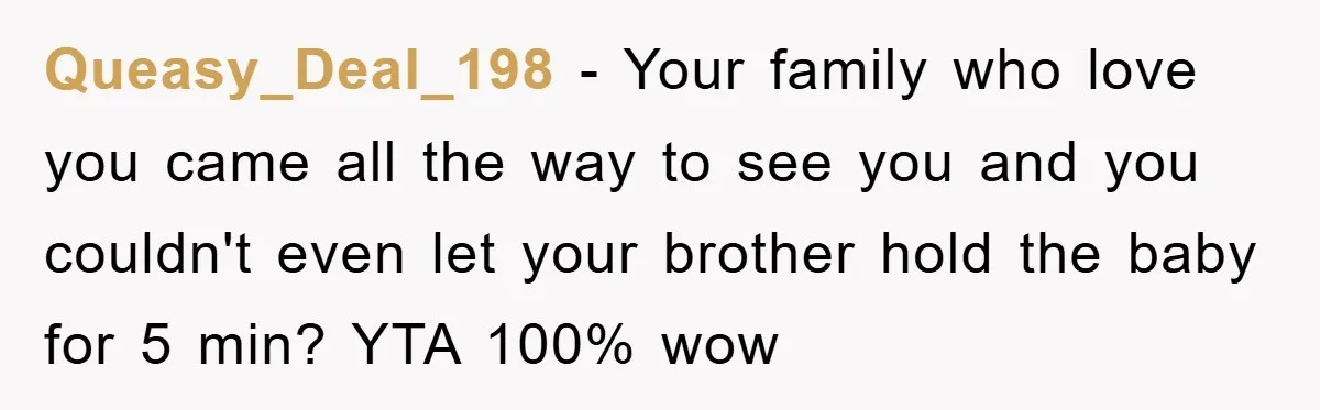Queasy_Deal_198 − Your family who love you came all the way to see you and you couldn't even let your brother hold the baby for 5 min? YTA 100% wow