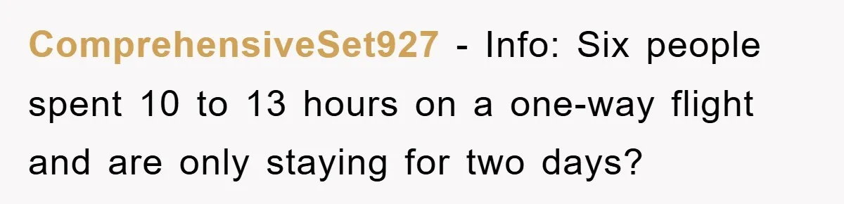 ComprehensiveSet927 − Info: Six people spent 10 to 13 hours on a one-way flight and are only staying for two days?
