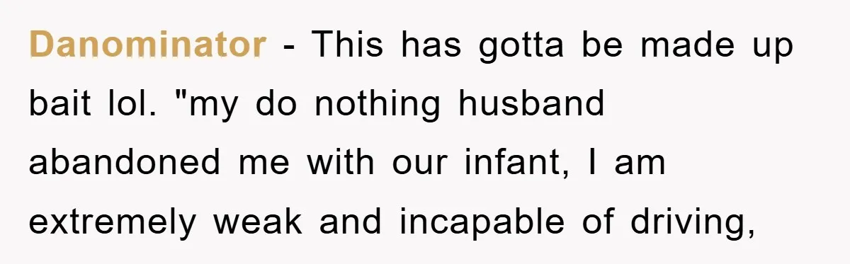 Danominator - This has gotta be made up bait lol. "my do nothing husband abandoned me with our infant, I am extremely weak and incapable of driving,