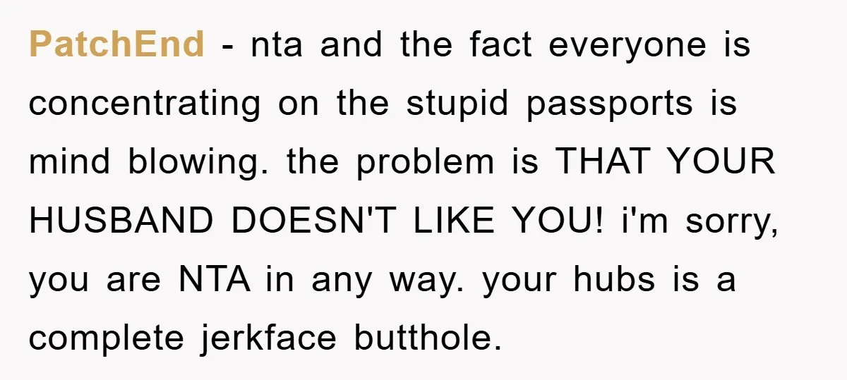 PatchEnd - nta and the fact everyone is concentrating on the stupid passports is mind blowing. the problem is THAT YOUR HUSBAND DOESN'T LIKE YOU! i'm sorry, you are NTA...