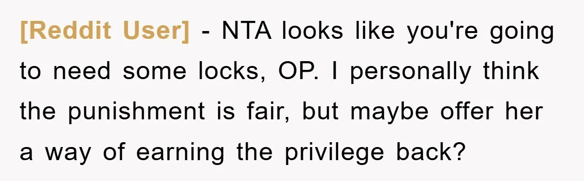 [Reddit User] − NTA looks like you're going to need some locks, OP. I personally think the punishment is fair, but maybe offer her a way of earning the privilege...