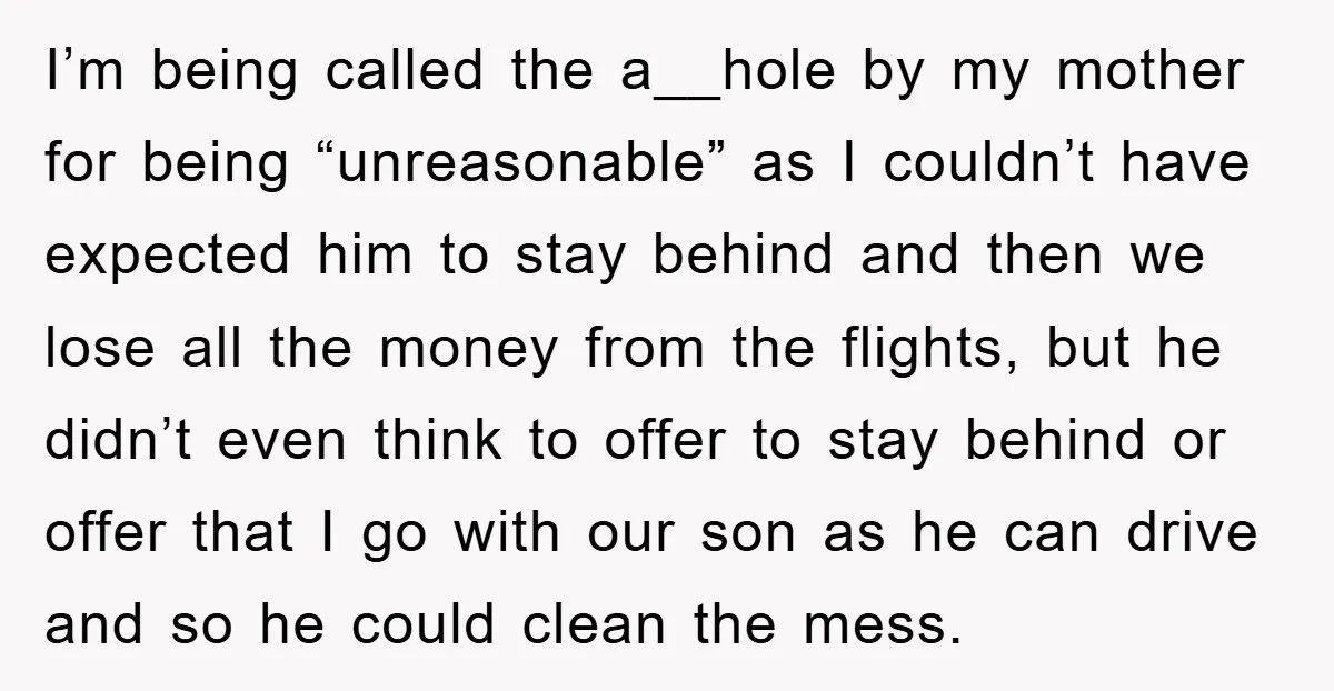 I’m being called the a__hole by my mother for being “unreasonable” as I couldn’t have expected him to stay behind and then we lose all the money from the flights,...