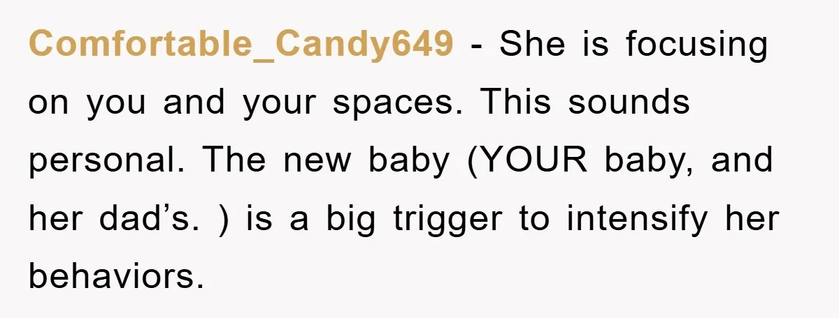 Comfortable_Candy649 − She is focusing on you and your spaces. This sounds personal. The new baby (YOUR baby, and her dad’s. ) is a big trigger to intensify her behaviors.
