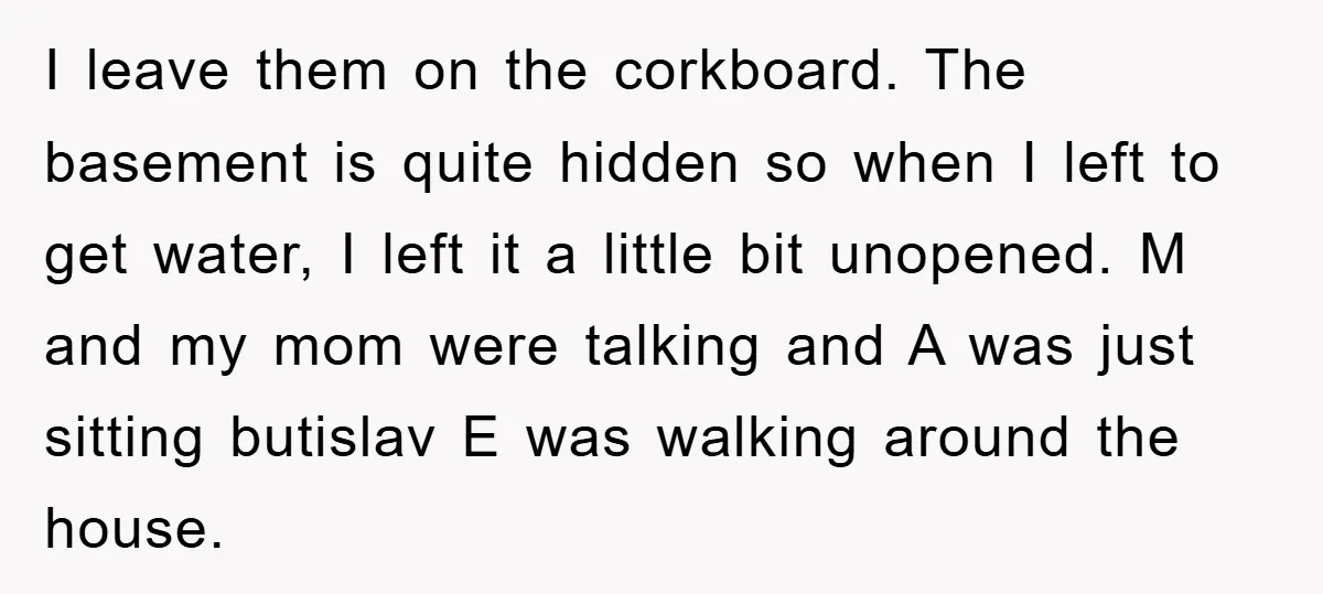 I leave them on the corkboard. The basement is quite hidden so when I left to get water, I left it a little bit unopened. M and my mom were...