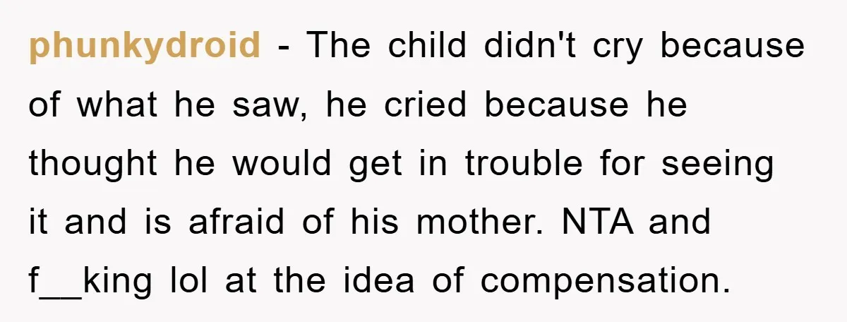 phunkydroid − The child didn't cry because of what he saw, he cried because he thought he would get in trouble for seeing it and is afraid of his mother....