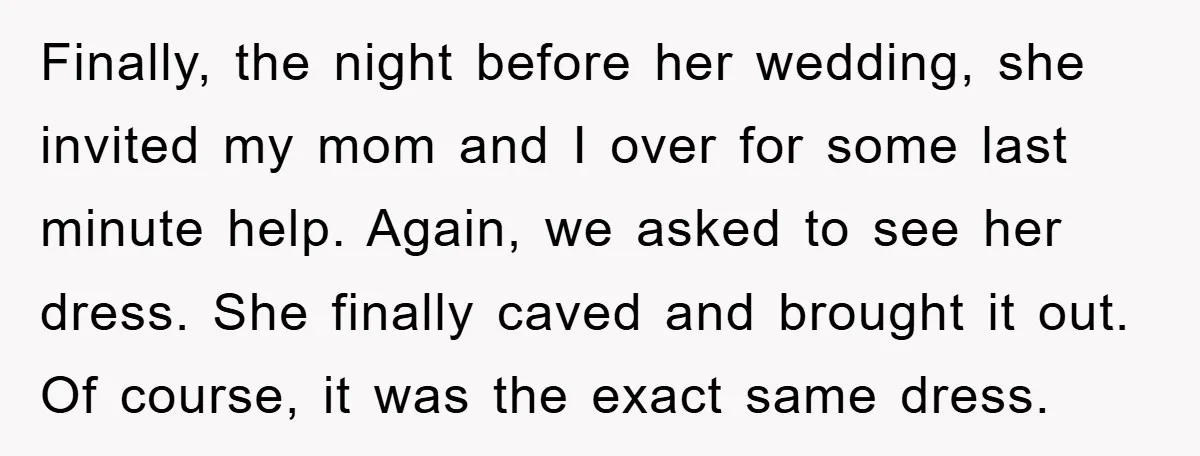 Finally, the night before her wedding, she invited my mom and I over for some last minute help. Again, we asked to see her dress. She finally caved and brought...
