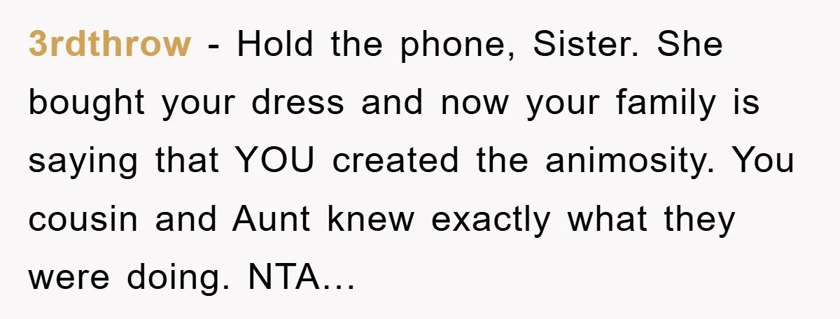 3rdthrow − Hold the phone, Sister. She bought your dress and now your family is saying that YOU created the animosity. You cousin and Aunt knew exactly what they were...