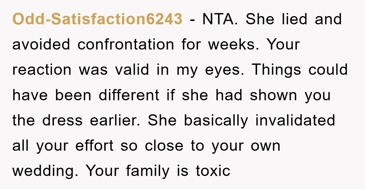Odd-Satisfaction6243 − NTA. She lied and avoided confrontation for weeks. Your reaction was valid in my eyes. Things could have been different if she had shown you the dress earlier....