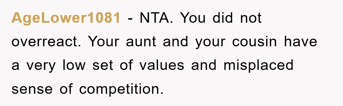 AgeLower1081 − NTA. You did not overreact. Your aunt and your cousin have a very low set of values and misplaced sense of competition.