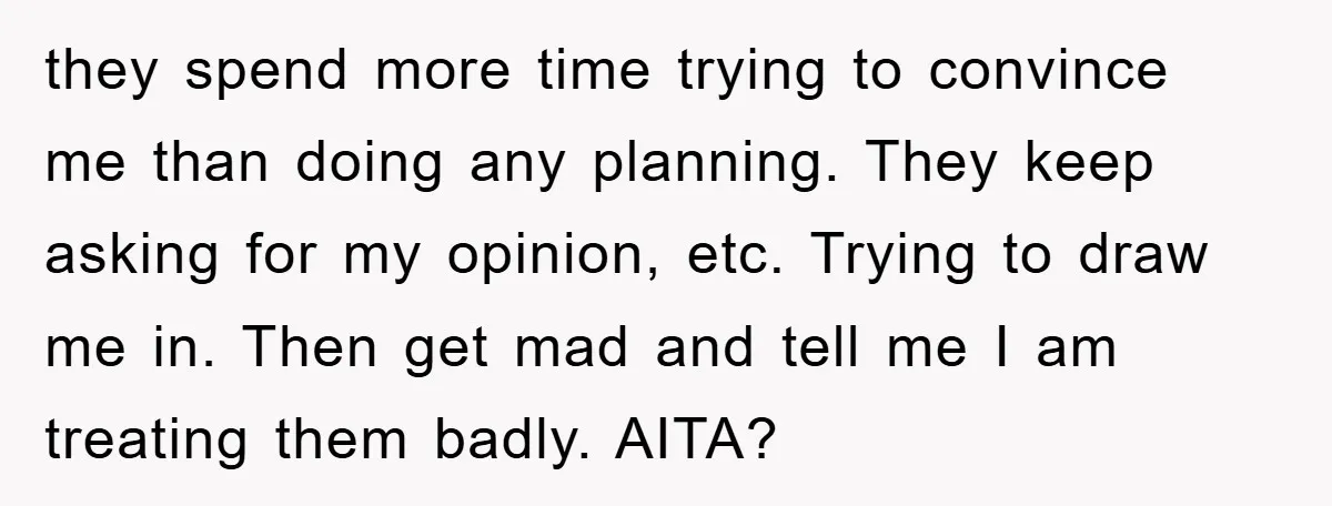 they spend more time trying to convince me than doing any planning. They keep asking for my opinion, etc. Trying to draw me in. Then get mad and tell me...